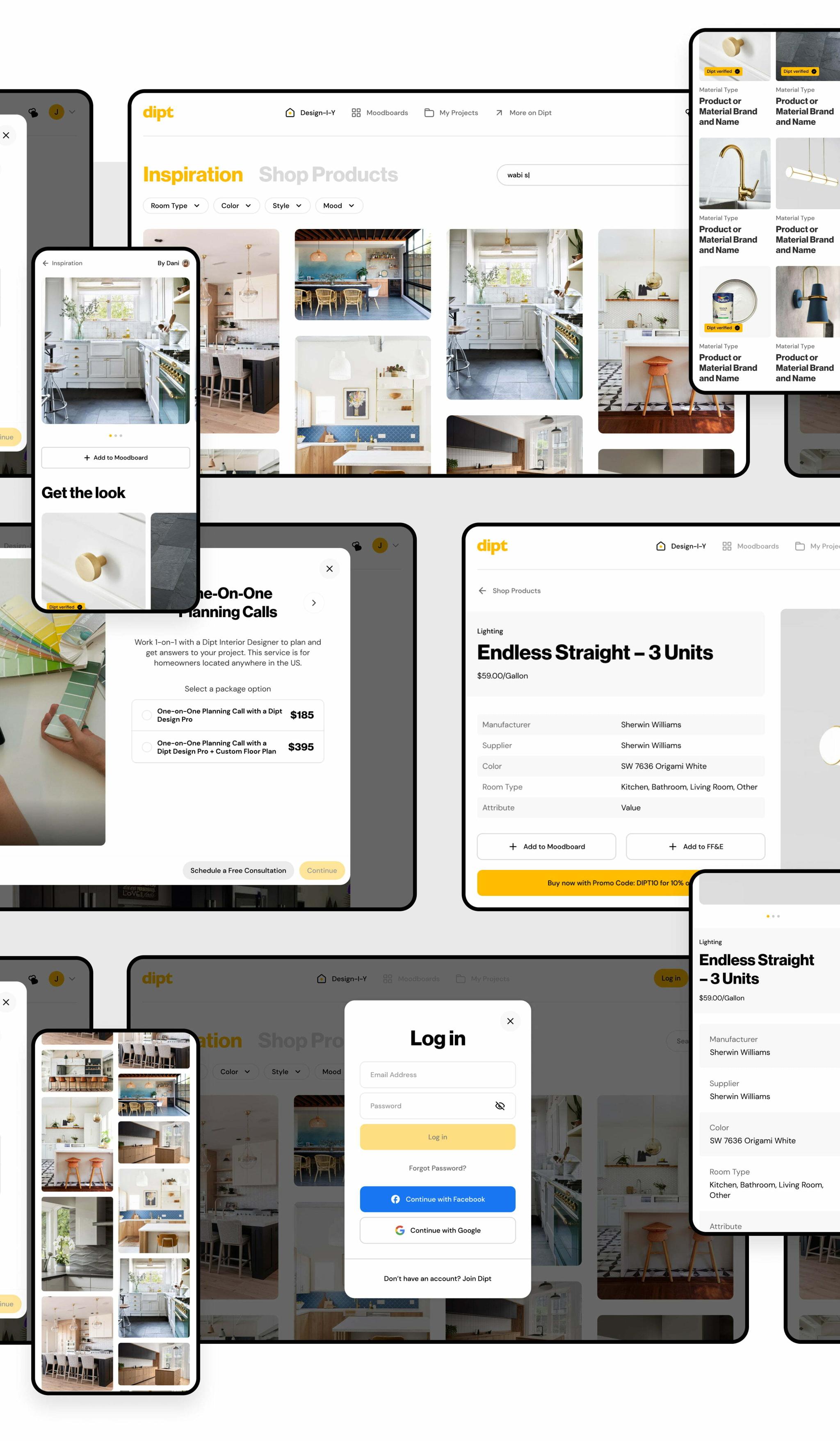 Dipt app interface collage with inspiration boards, product listings, and login modal
