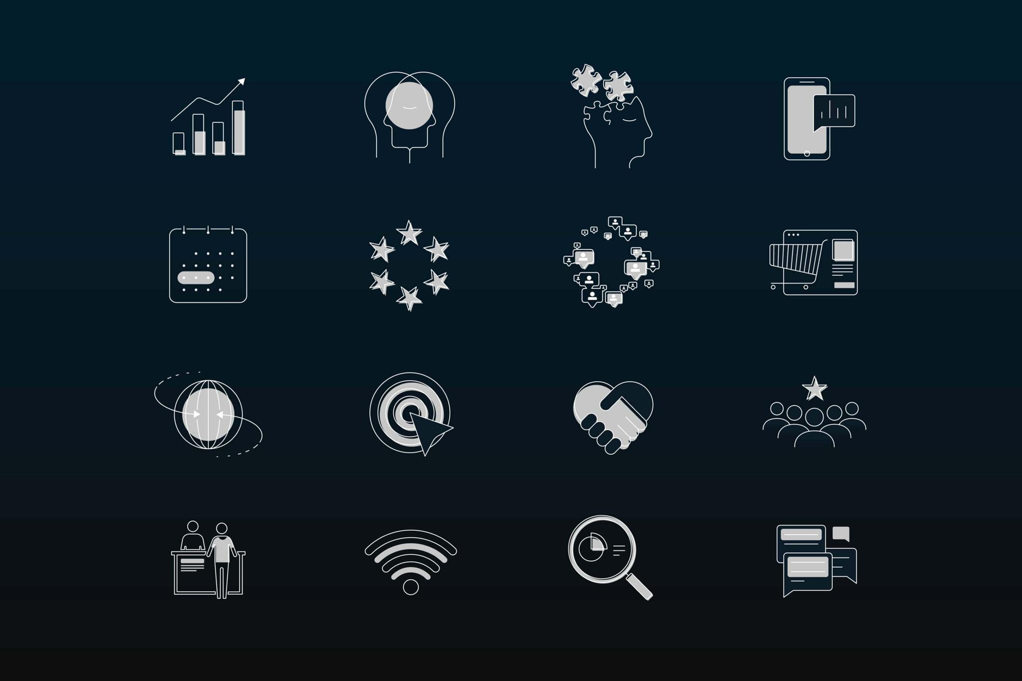 Grid of digital strategy icons on a dark background