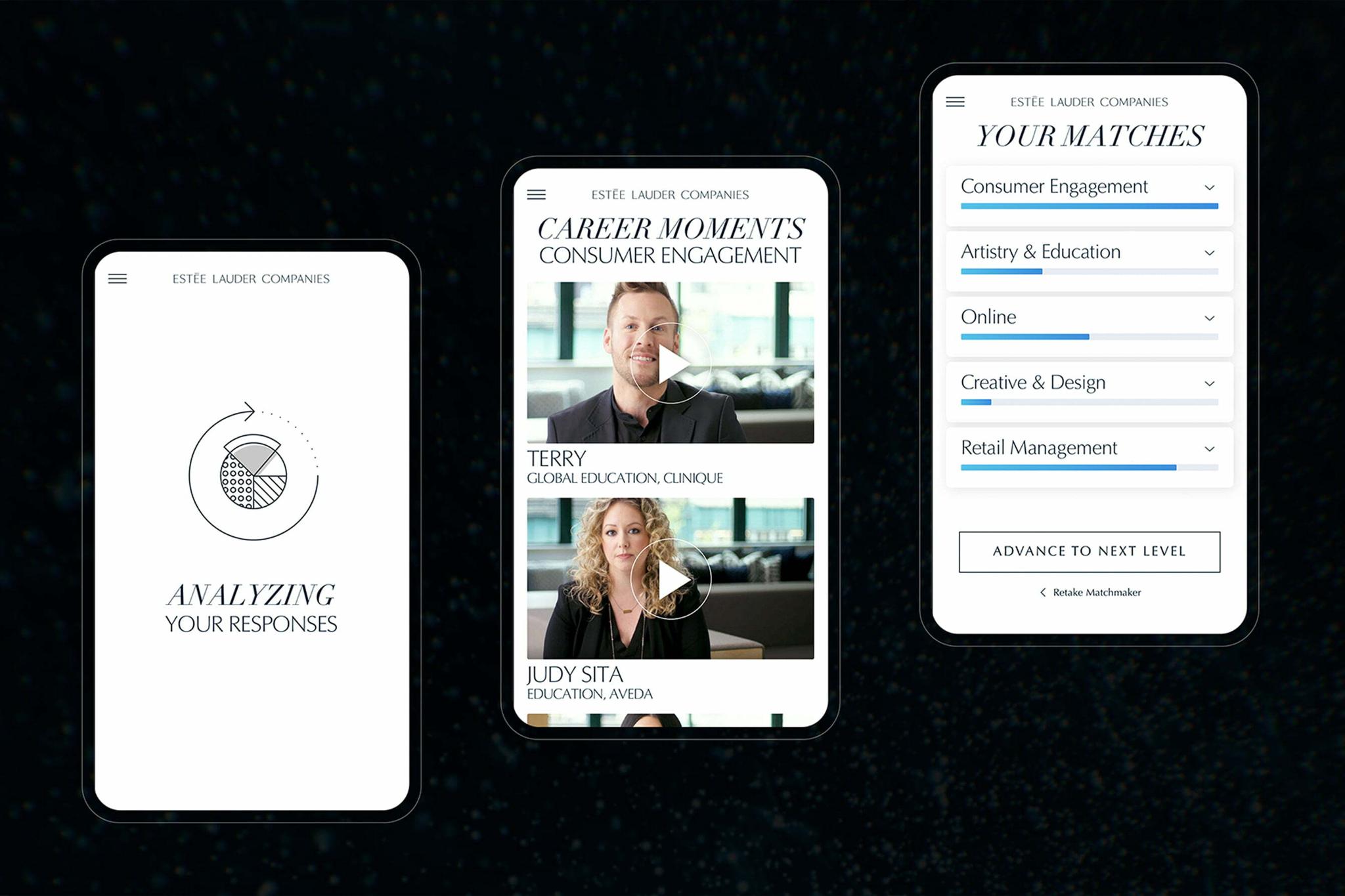 Three mobile app screens for Este Lauder Companies career matching