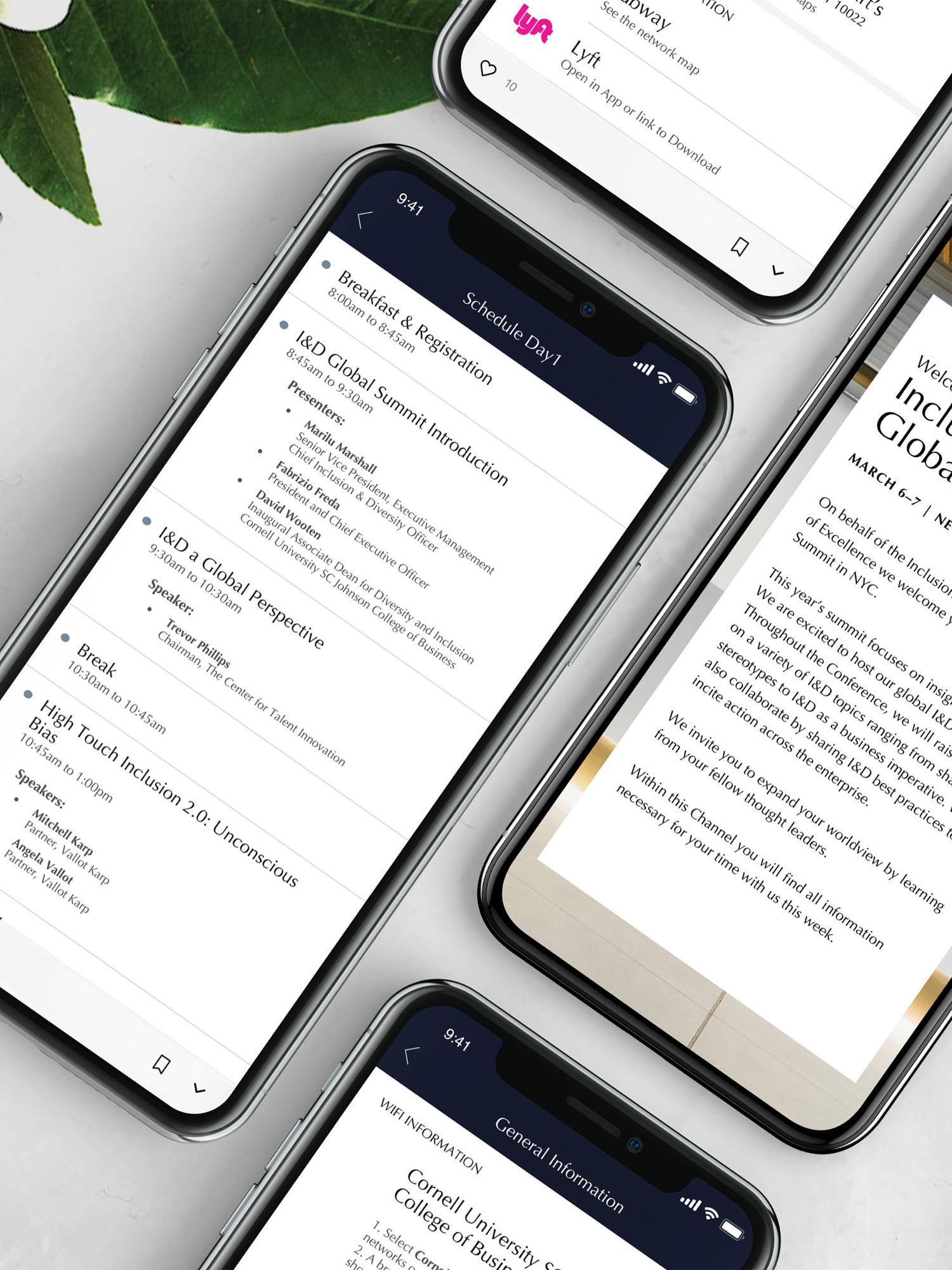 Several phones display Inclusion and Diversity Global Summit schedule and info screens