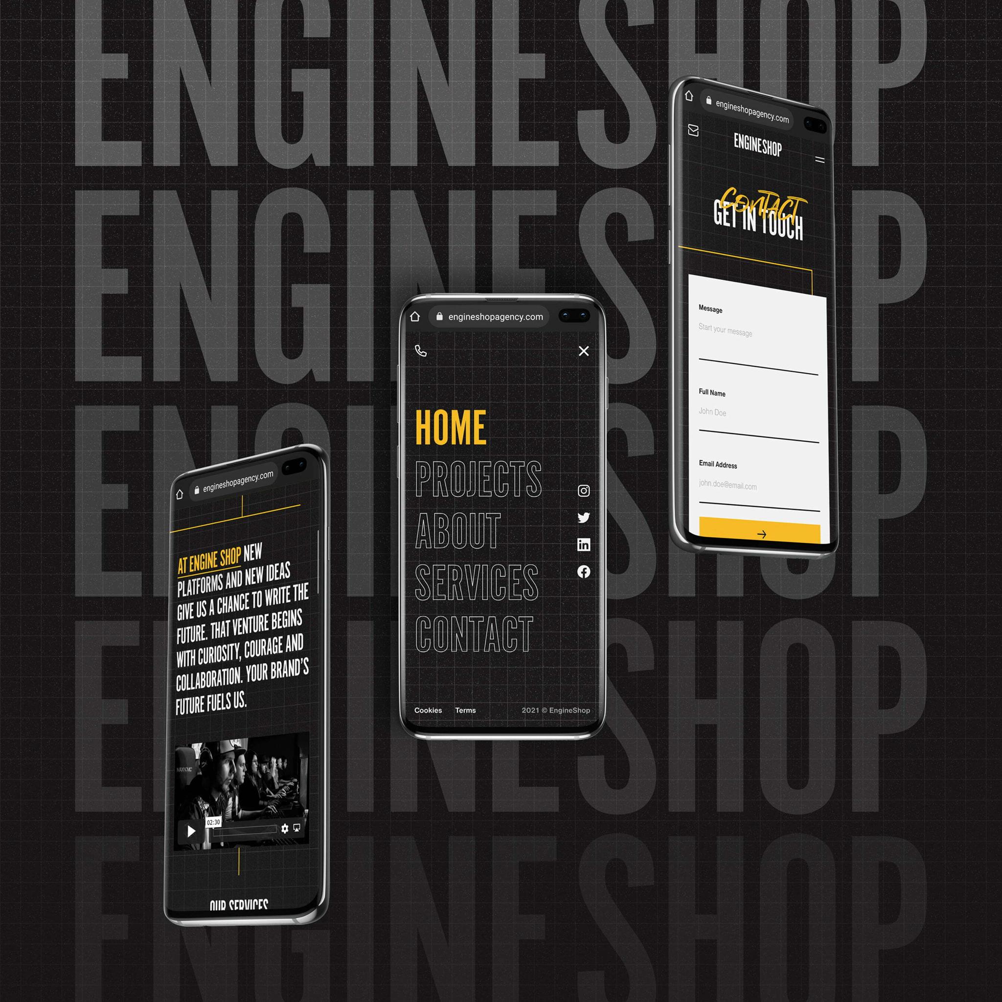 Three EngineShop mobile screens for content, navigation, and contact form