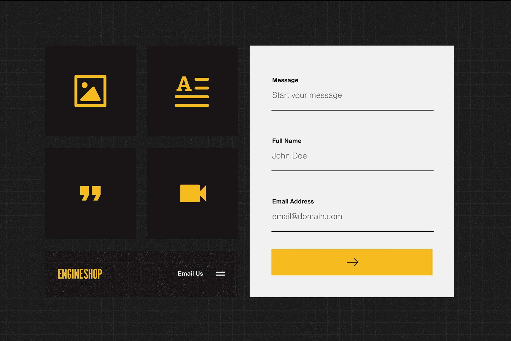 Dark UI mockup with yellow media icons and a white contact form