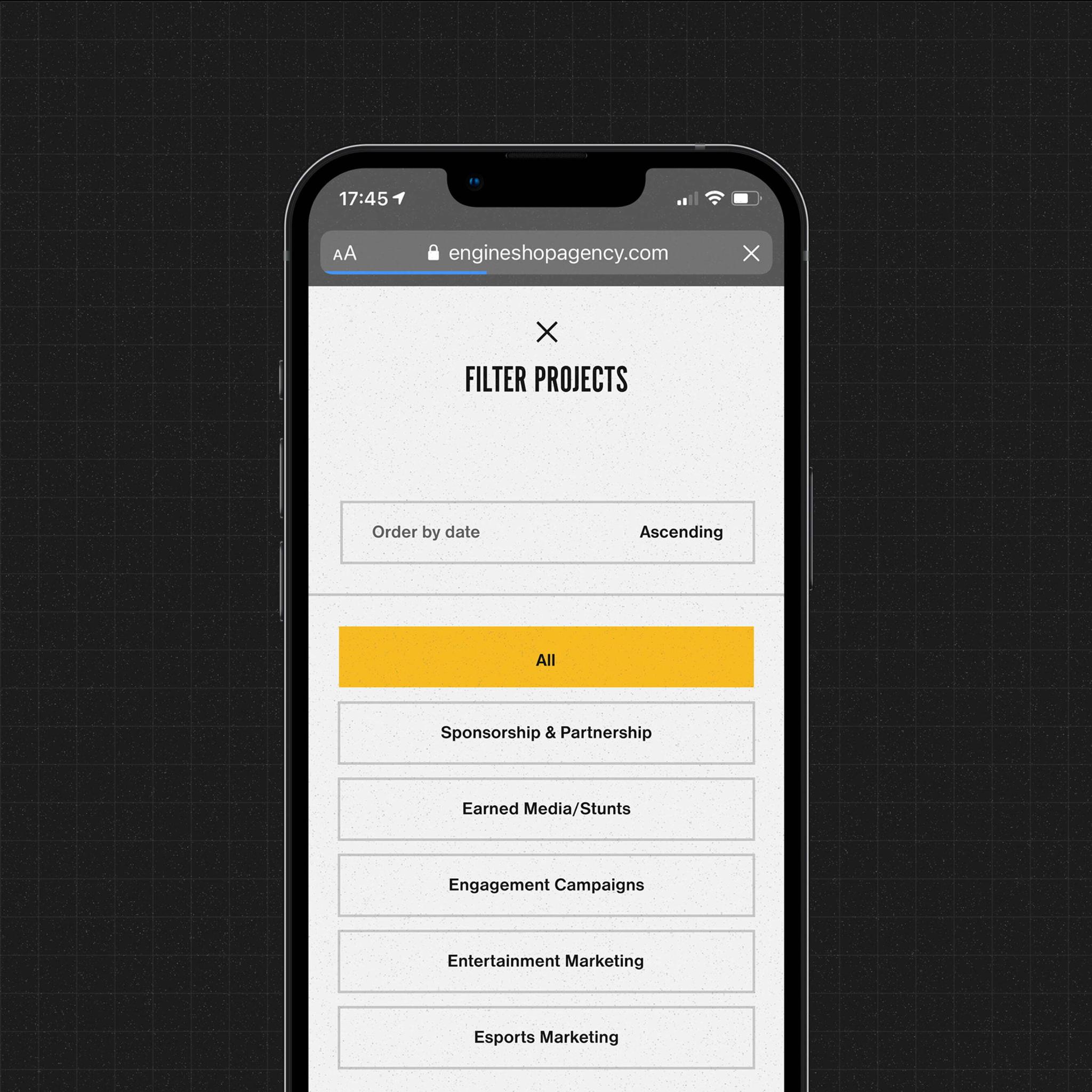 Phone screen showing Engine Shop website project filter options