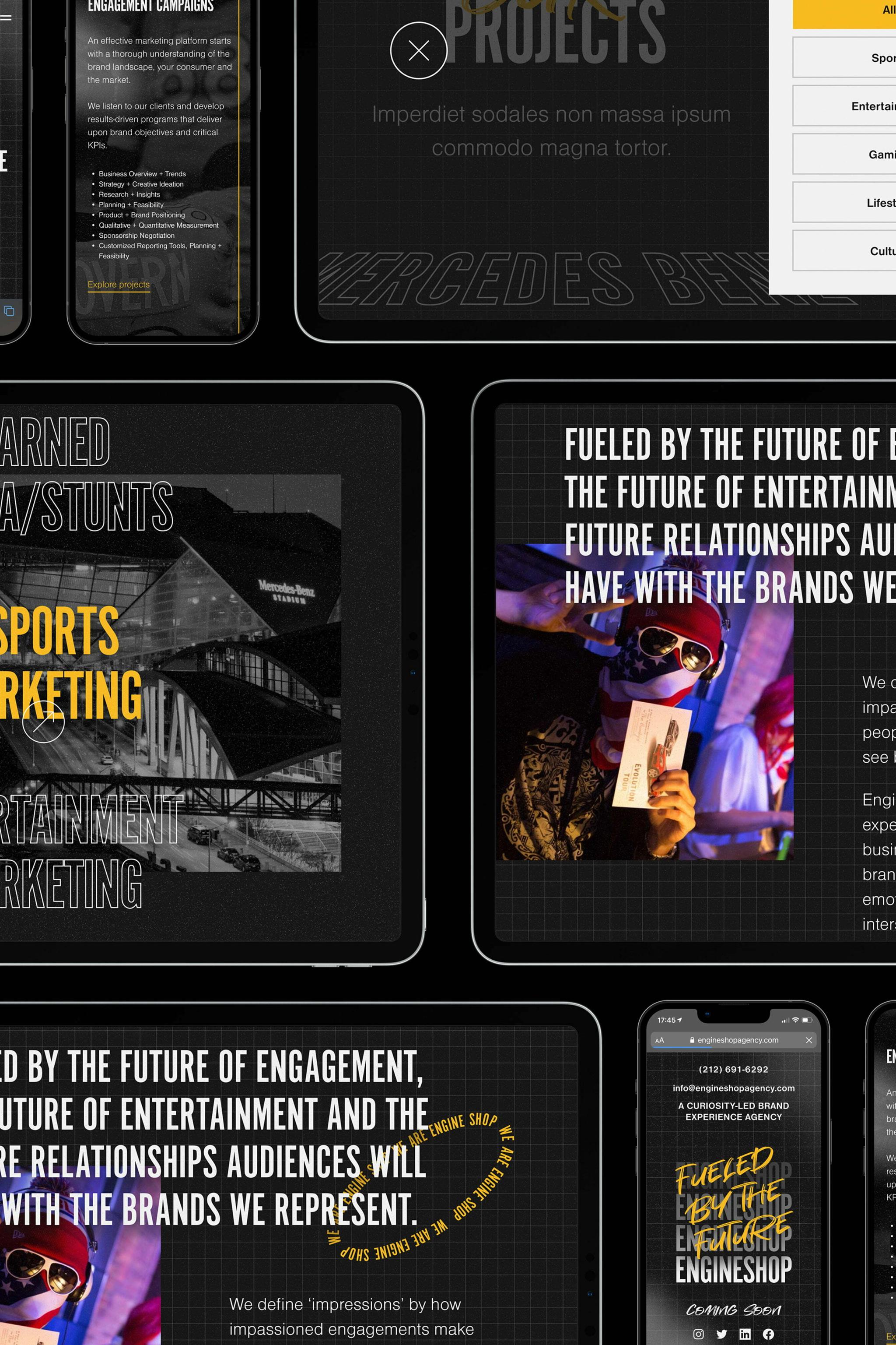 Dark EngineShop website mockups with bold yellow and white project typography