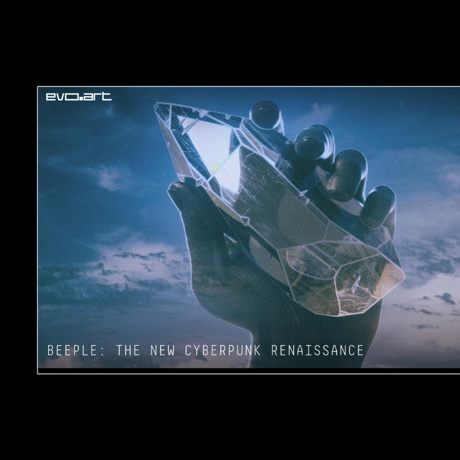 EvoArt exhibition banner showing a hand holding a crystal against the sky
