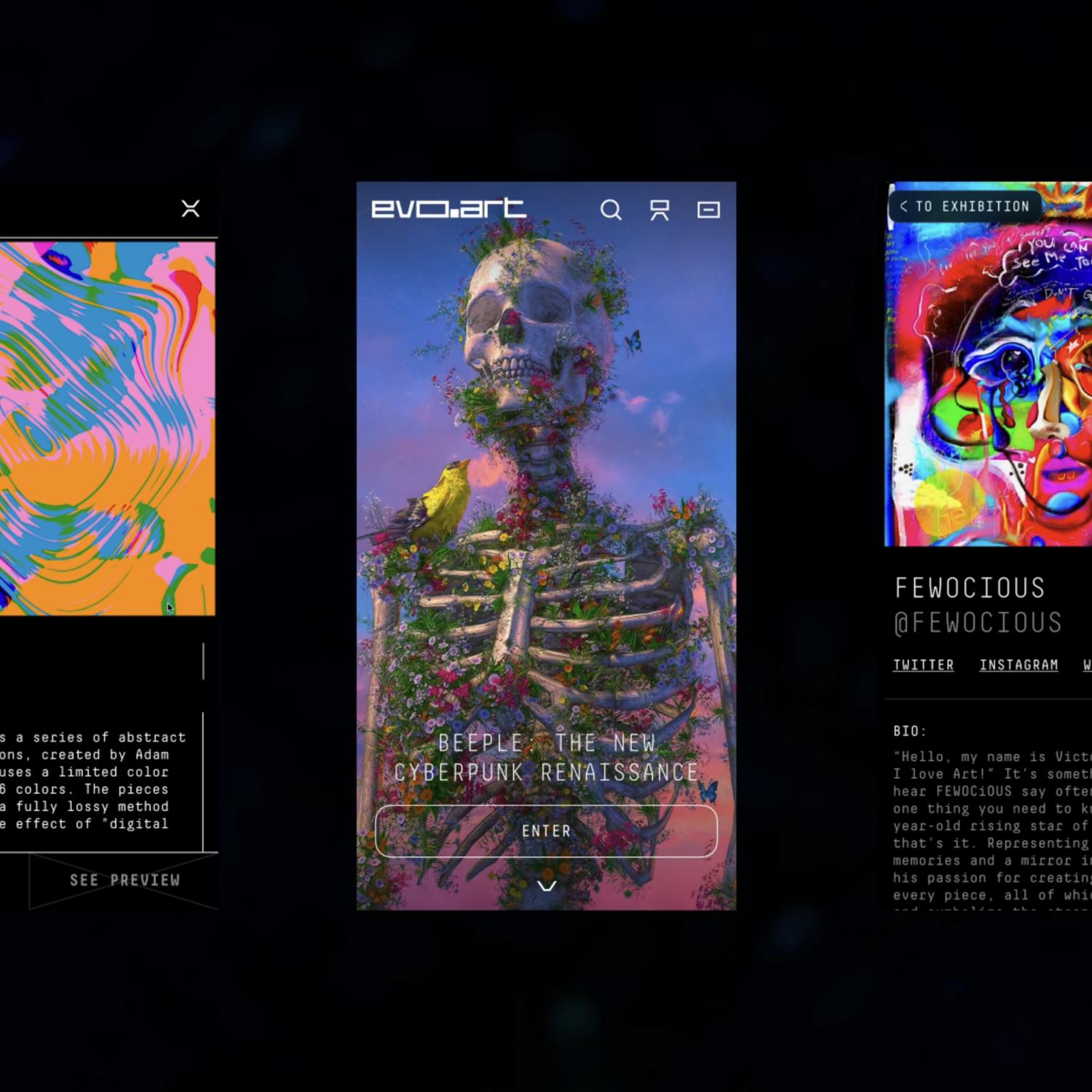 Three EvoArt exhibition screens featuring digital art and artist information