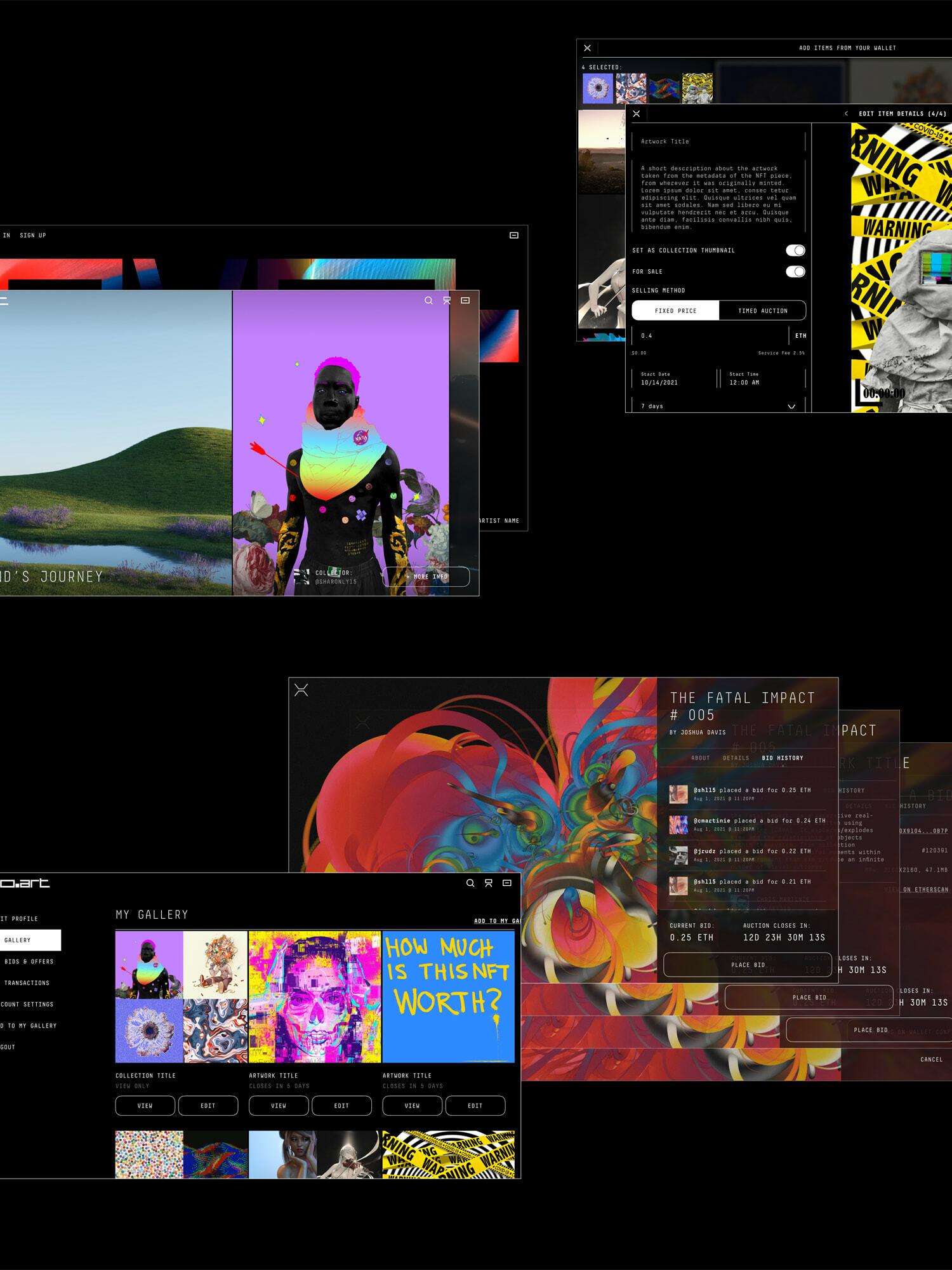 Collage of overlapping EvoArt digital art marketplace screens