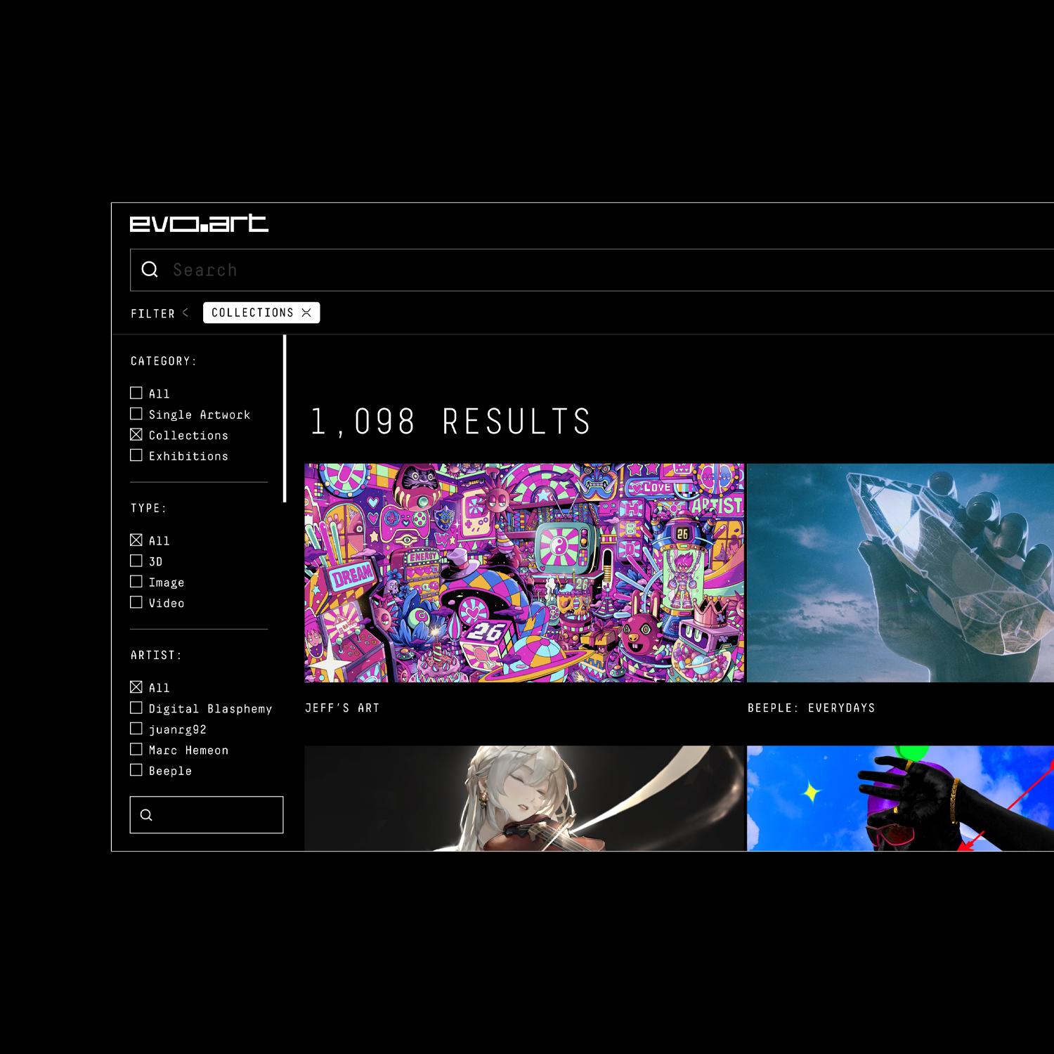 EvoArt search results page showing digital artwork thumbnails and filters