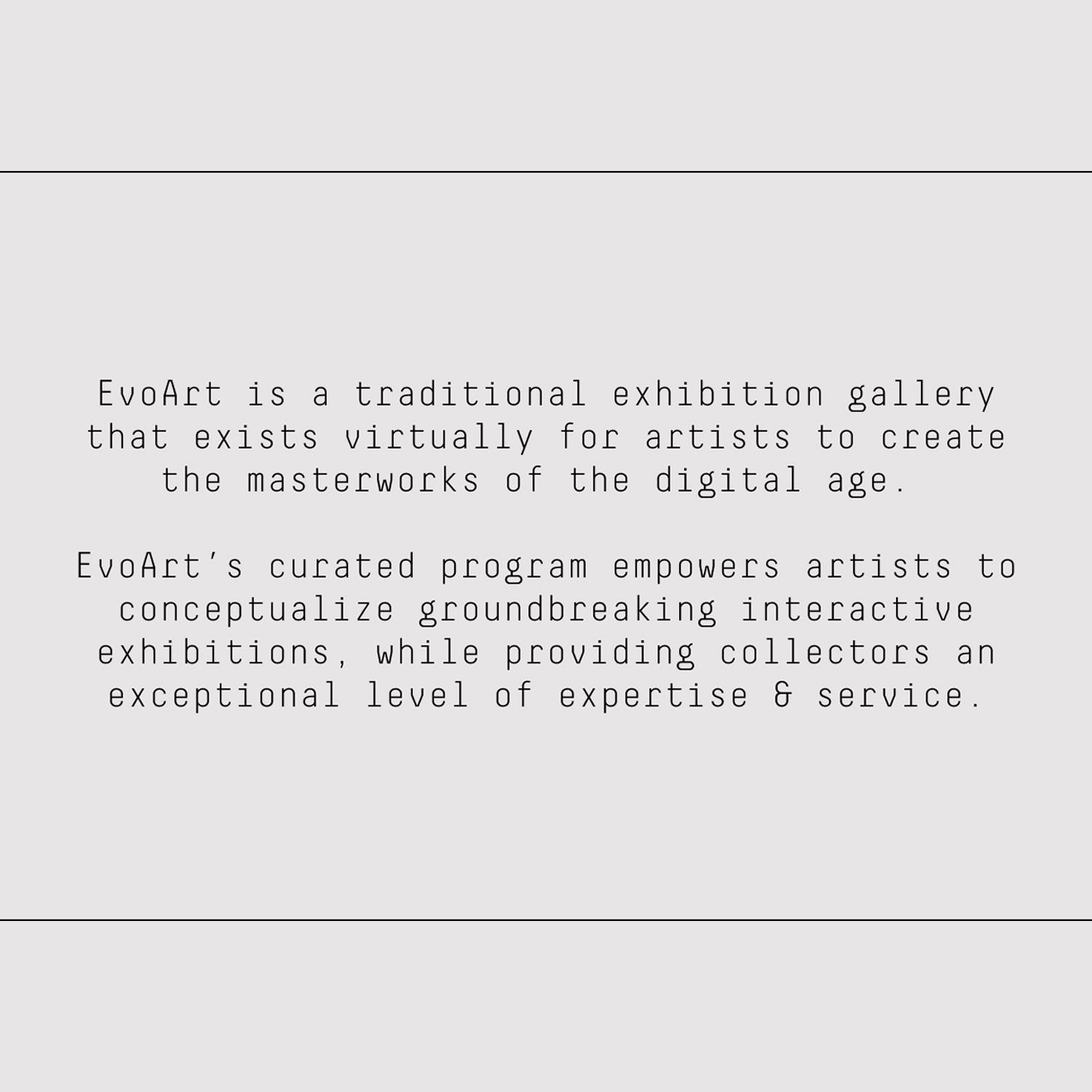 Centered EvoArt gallery mission statement in monospaced text on a gray background