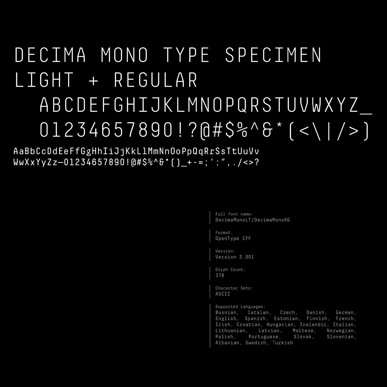 Decima Mono type specimen with alphabet, numbers, and font details on black