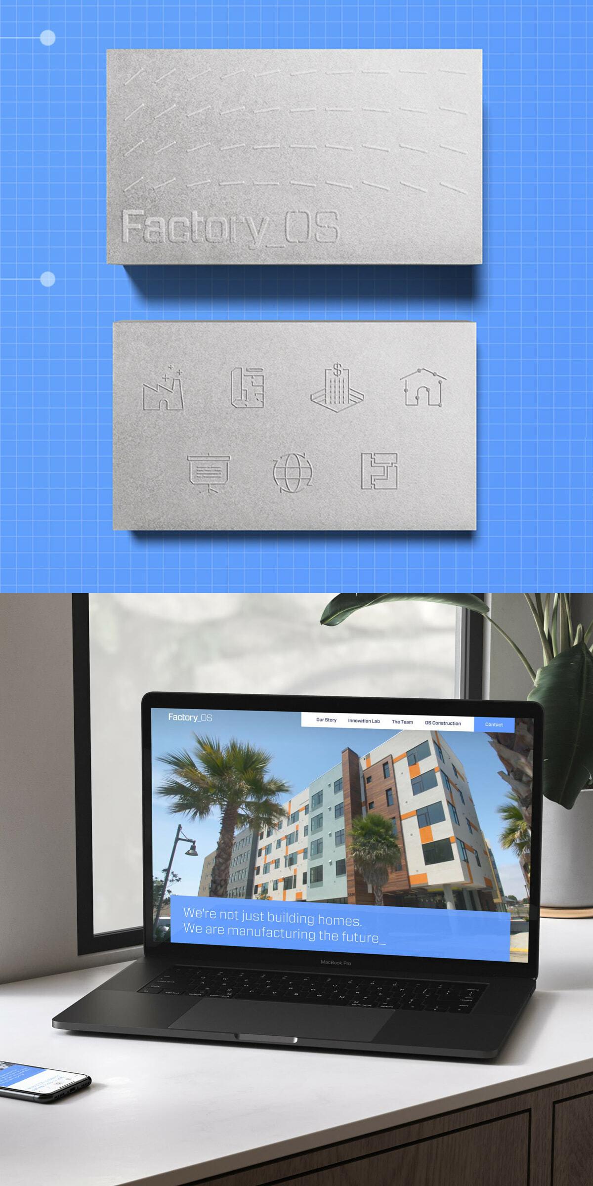 Factory OS branding cards above laptop showing modular housing website