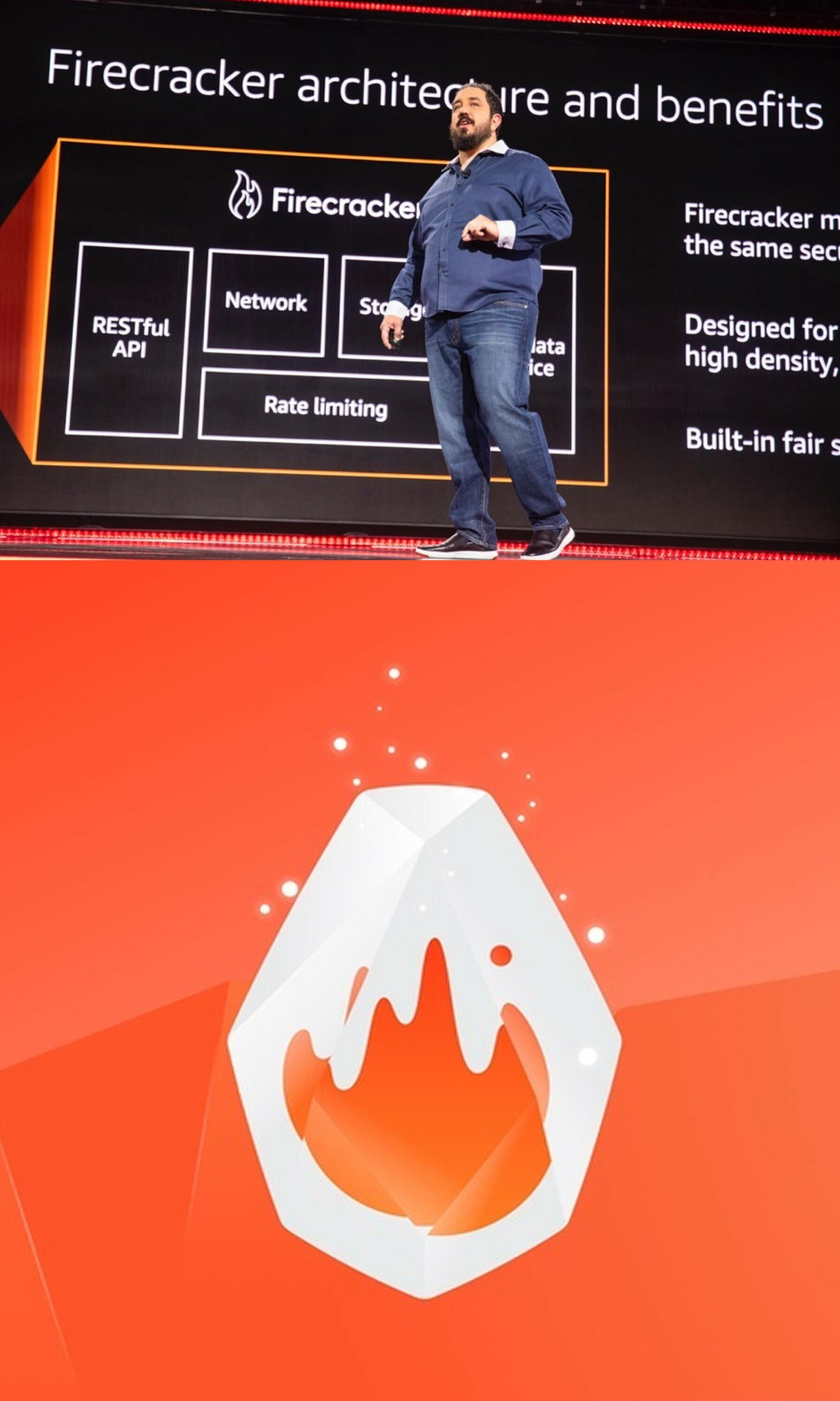 Presenter onstage before a Firecracker architecture slide above a Firecracker logo