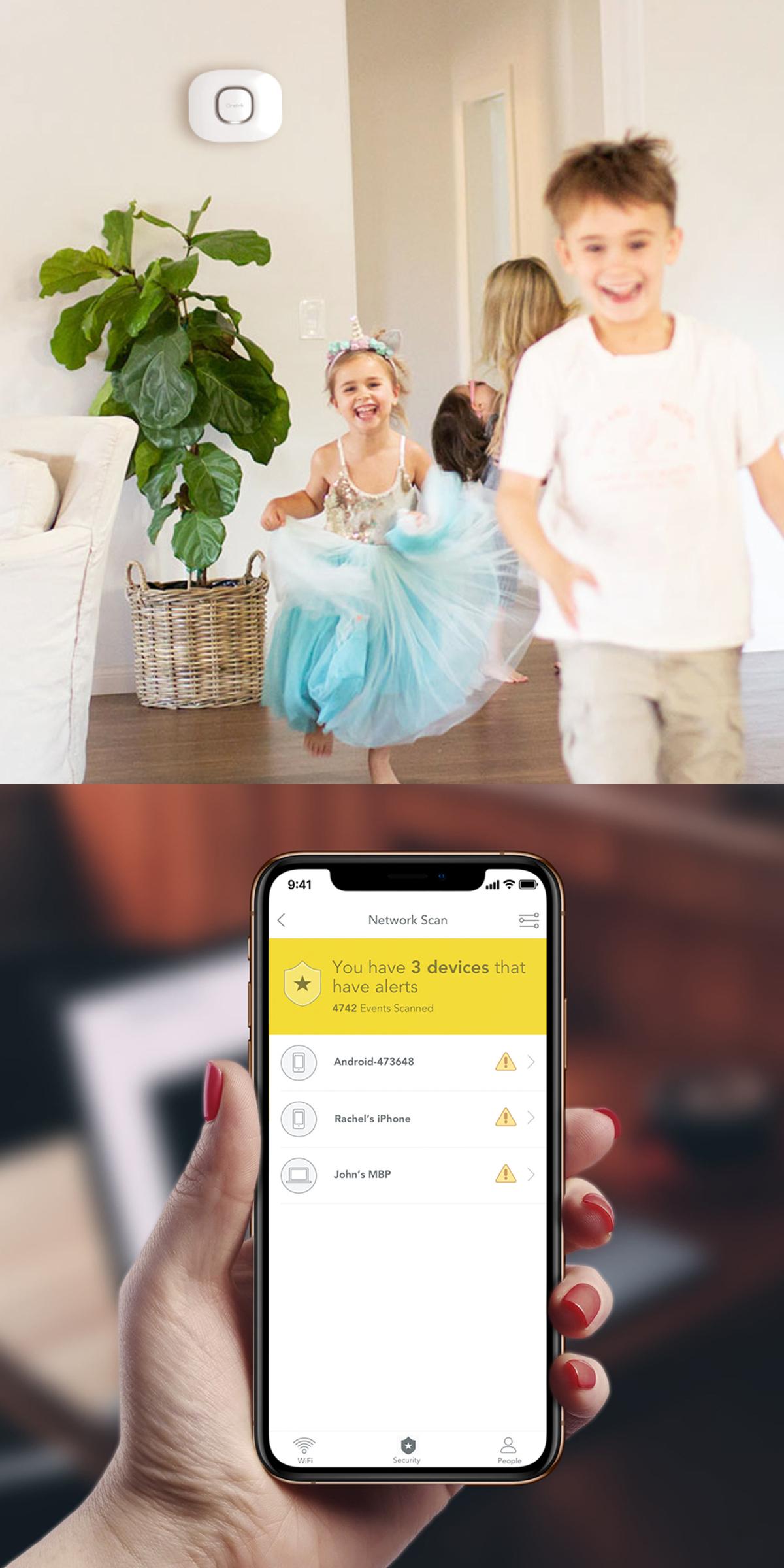 Children running indoors under a wall-mounted Onelink device; phone shows network alerts