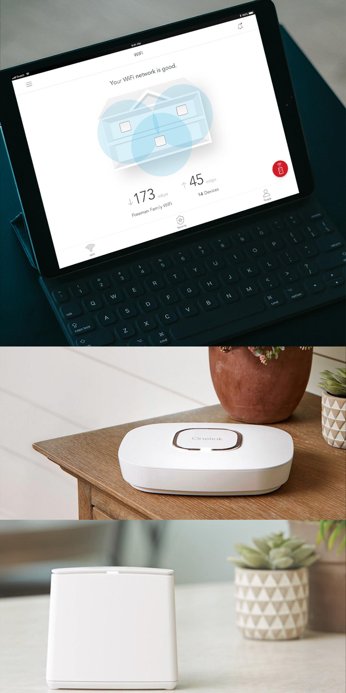 Collage of Wi-Fi app on tablet and white mesh networking devices