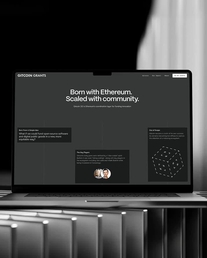 Laptop displays a Gitcoin Grants page with the headline "Born with Ethereum. Scaled with community."