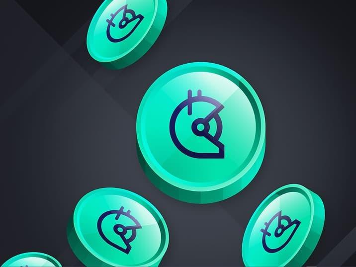 Teal coins with the Gitcoin logo floating on a dark background