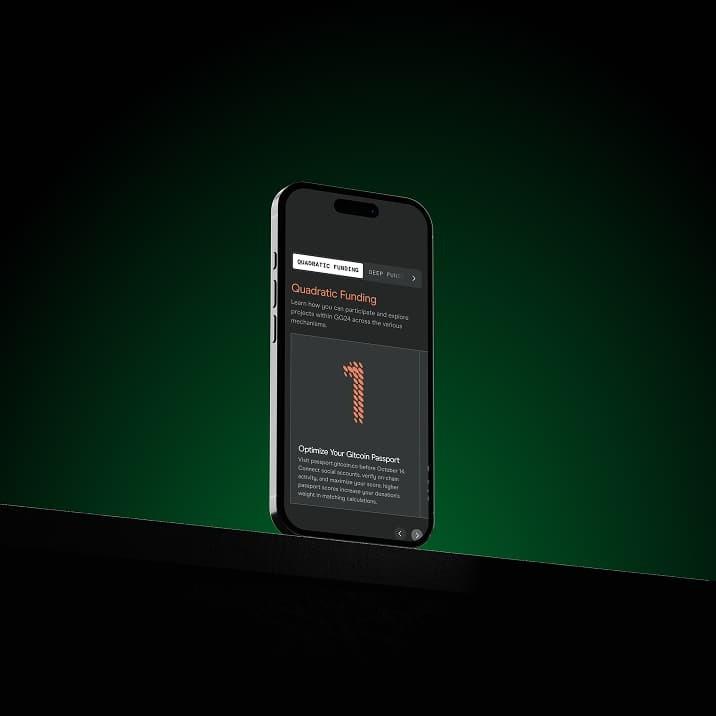 Smartphone shows a dark Quadratic Funding page against a green background.