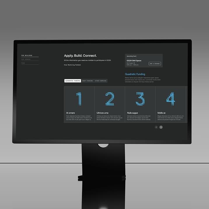Monitor displays a dark "Apply. Build. Connect." interface with numbered cards.