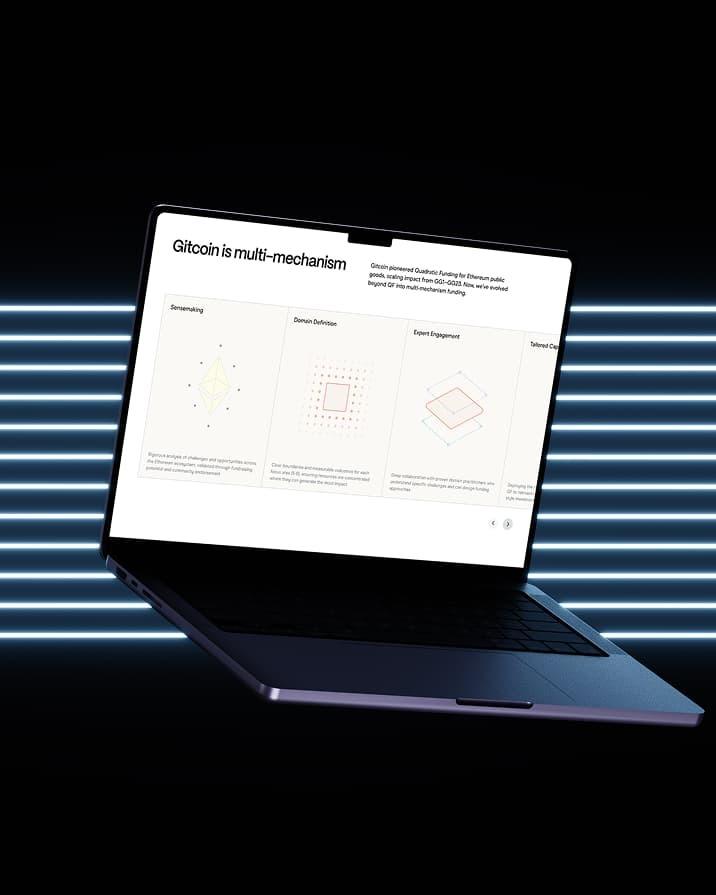 Laptop angled over blue light bars displays "Gitcoin is multi-mechanism."
