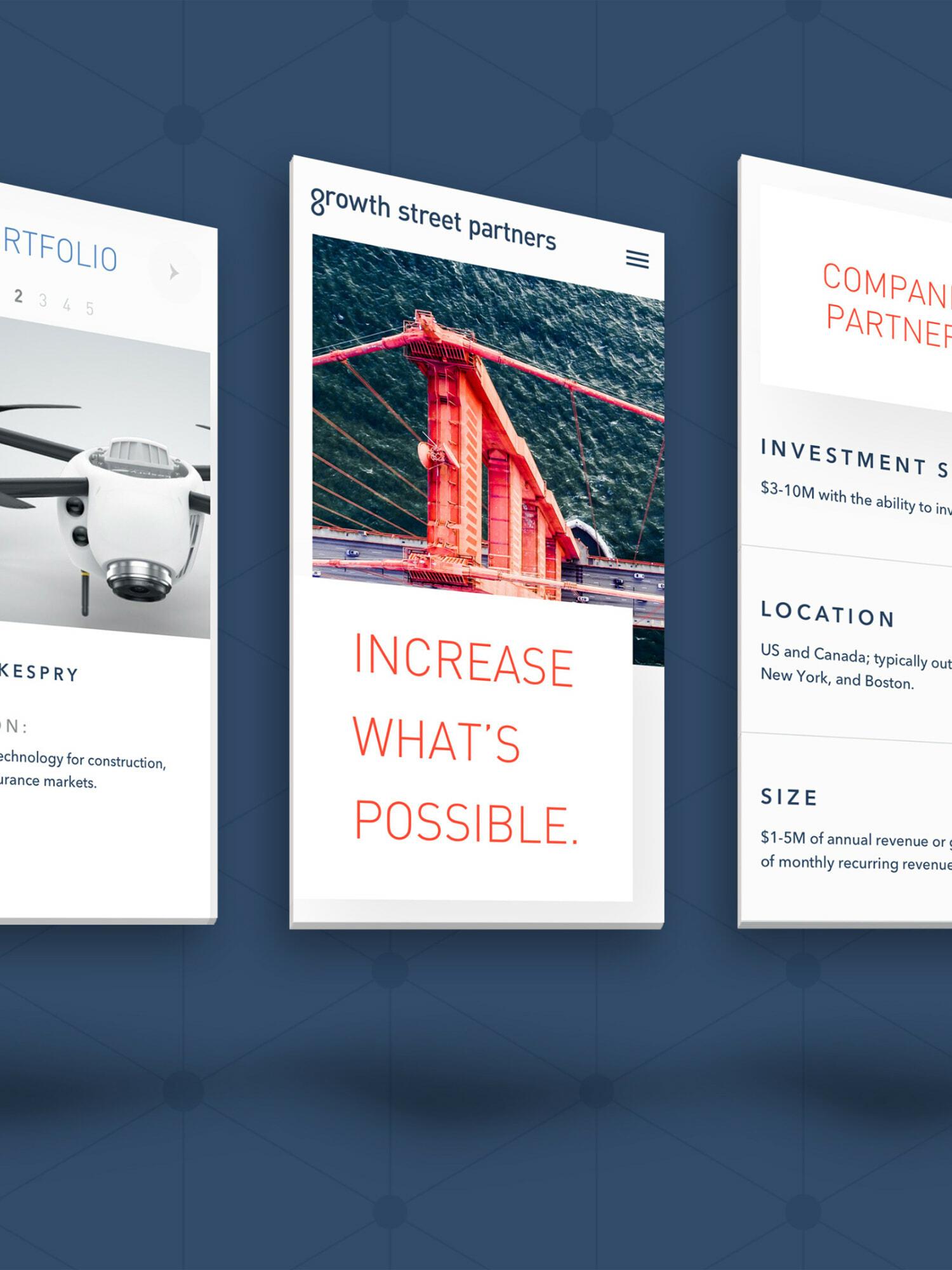 Three floating Growth Street Partners website panels
