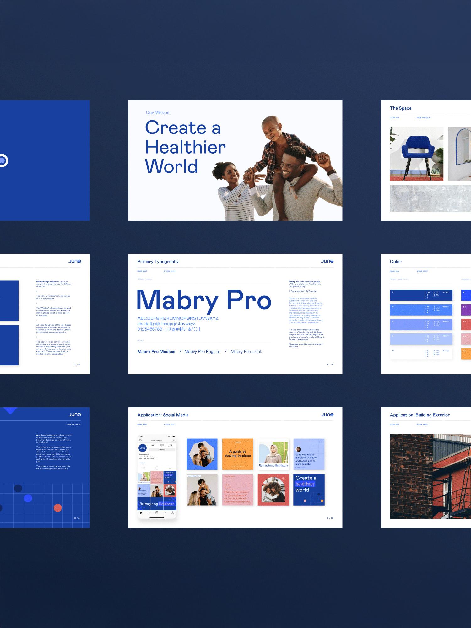 Juno brand identity boards arranged on a dark blue background