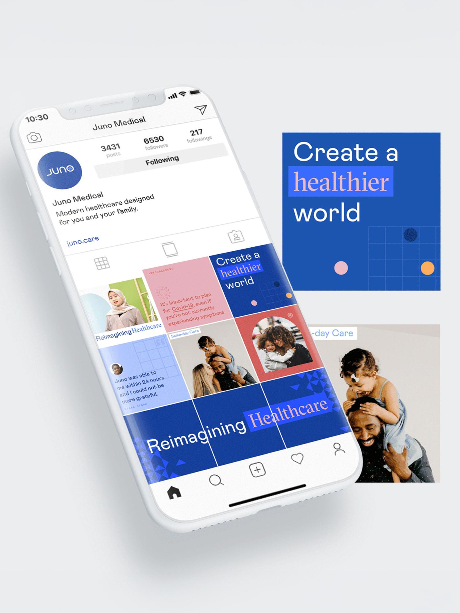 Juno Medical Instagram profile mockup with healthcare social graphics