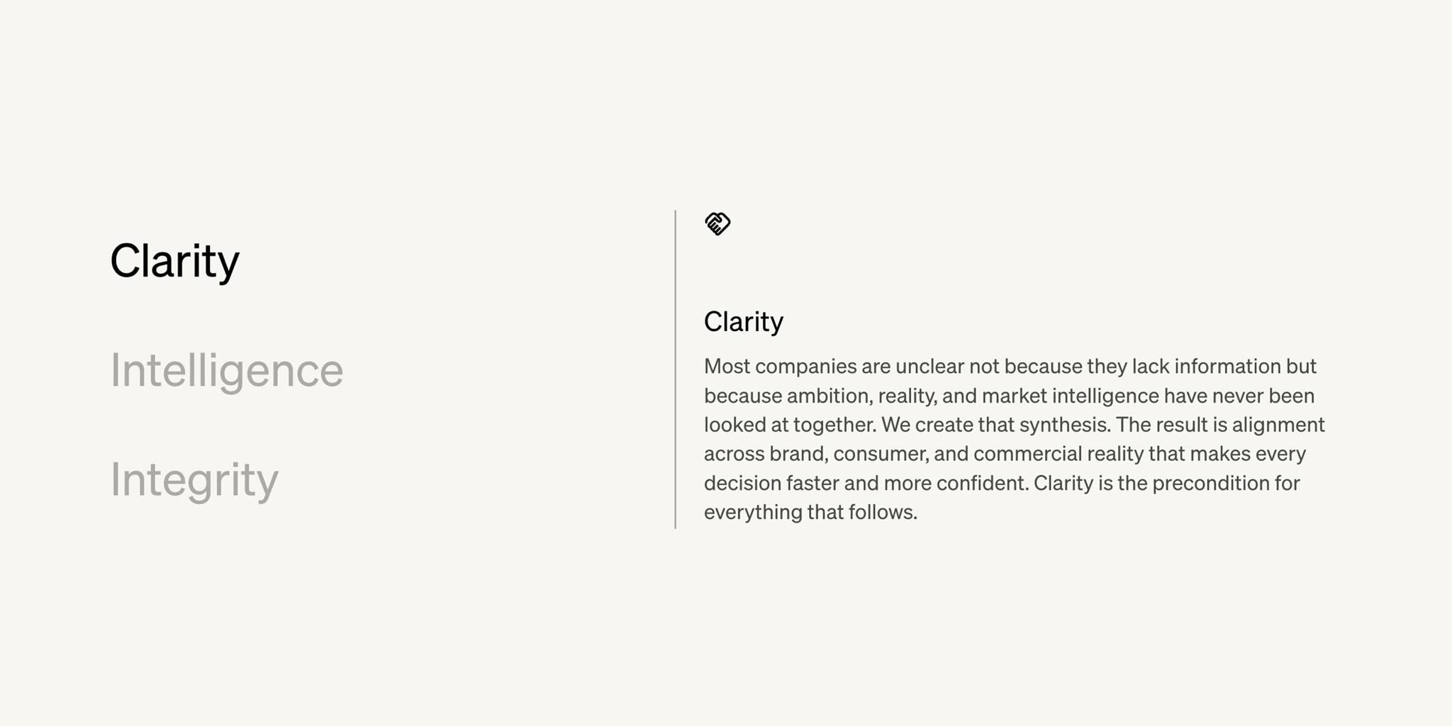 Brand values layout with clarity, intelligence, and integrity text.