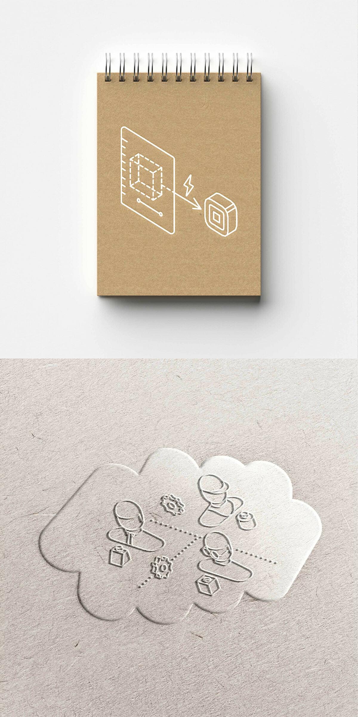 Notebook with tech sketch above embossed cloud collaboration diagram