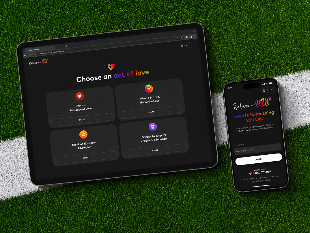 Tablet and phone display Believe in Love campaign options on turf.