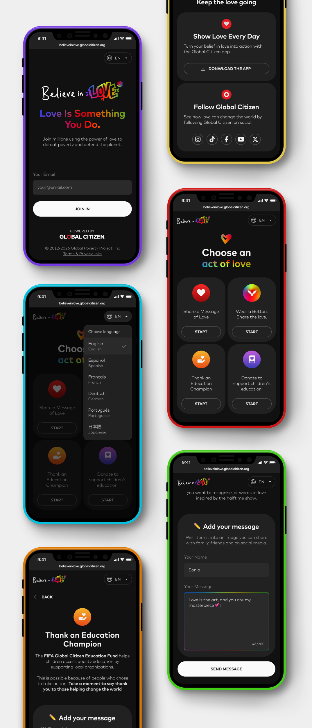 Set of mobile app screens for the Believe in Love campaign.