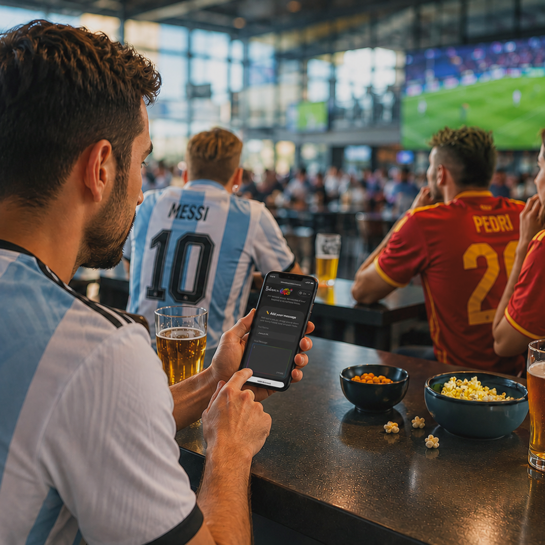 Person in a sports bar uses a phone while watching a soccer match.