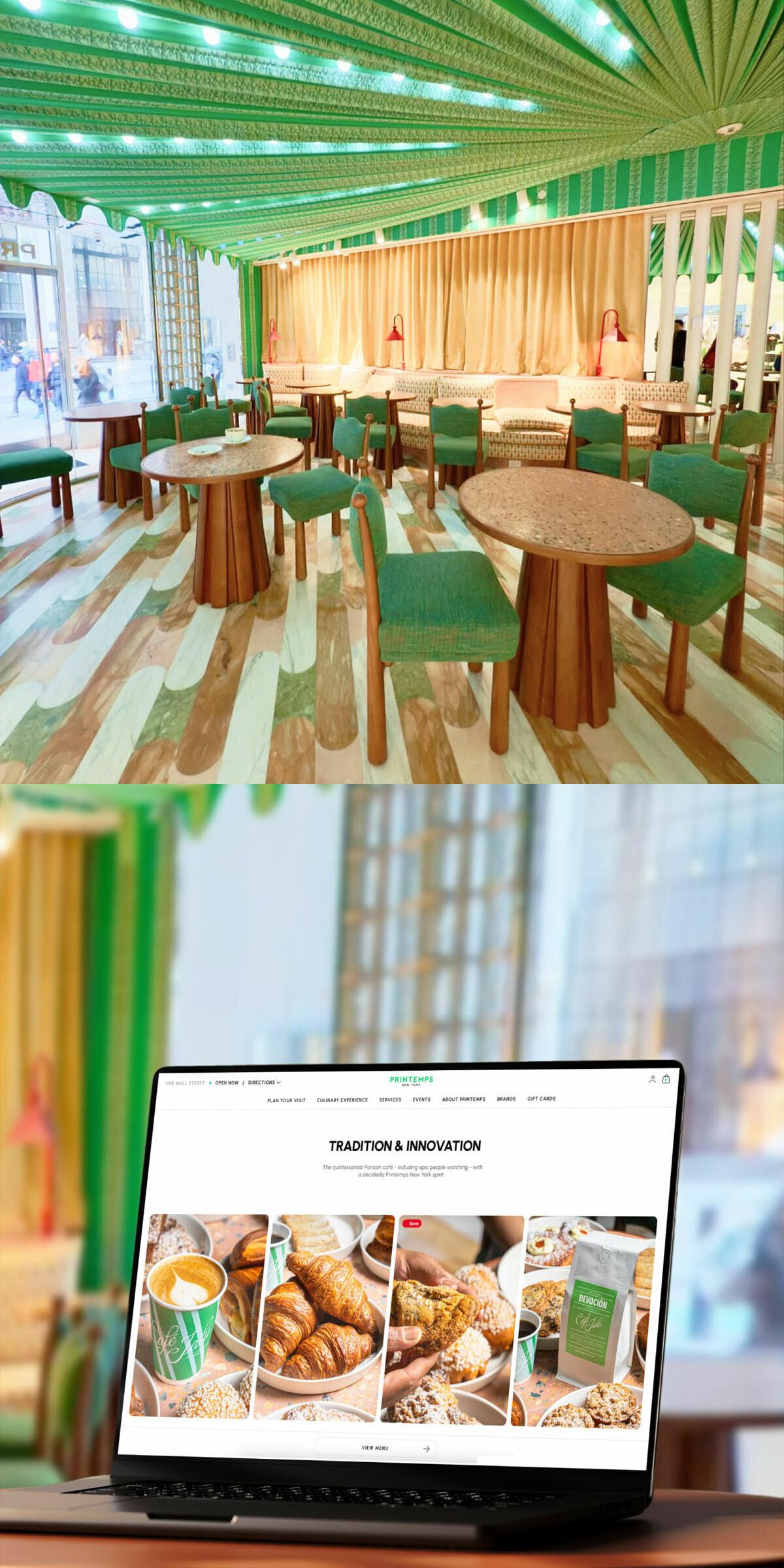 Green caf interior with round tables and matching chairs under a striped ceiling