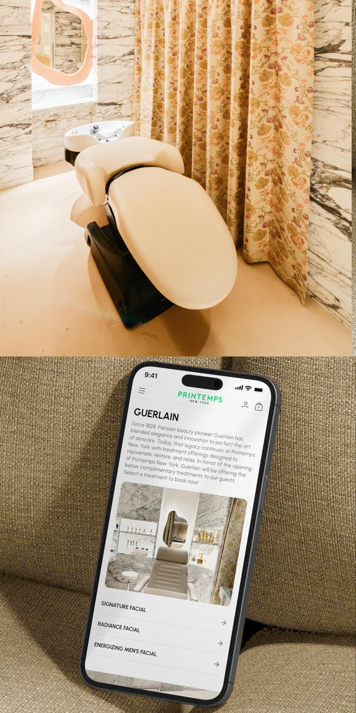 Spa treatment chair and smartphone showing a Printemps Guerlain facial booking page.