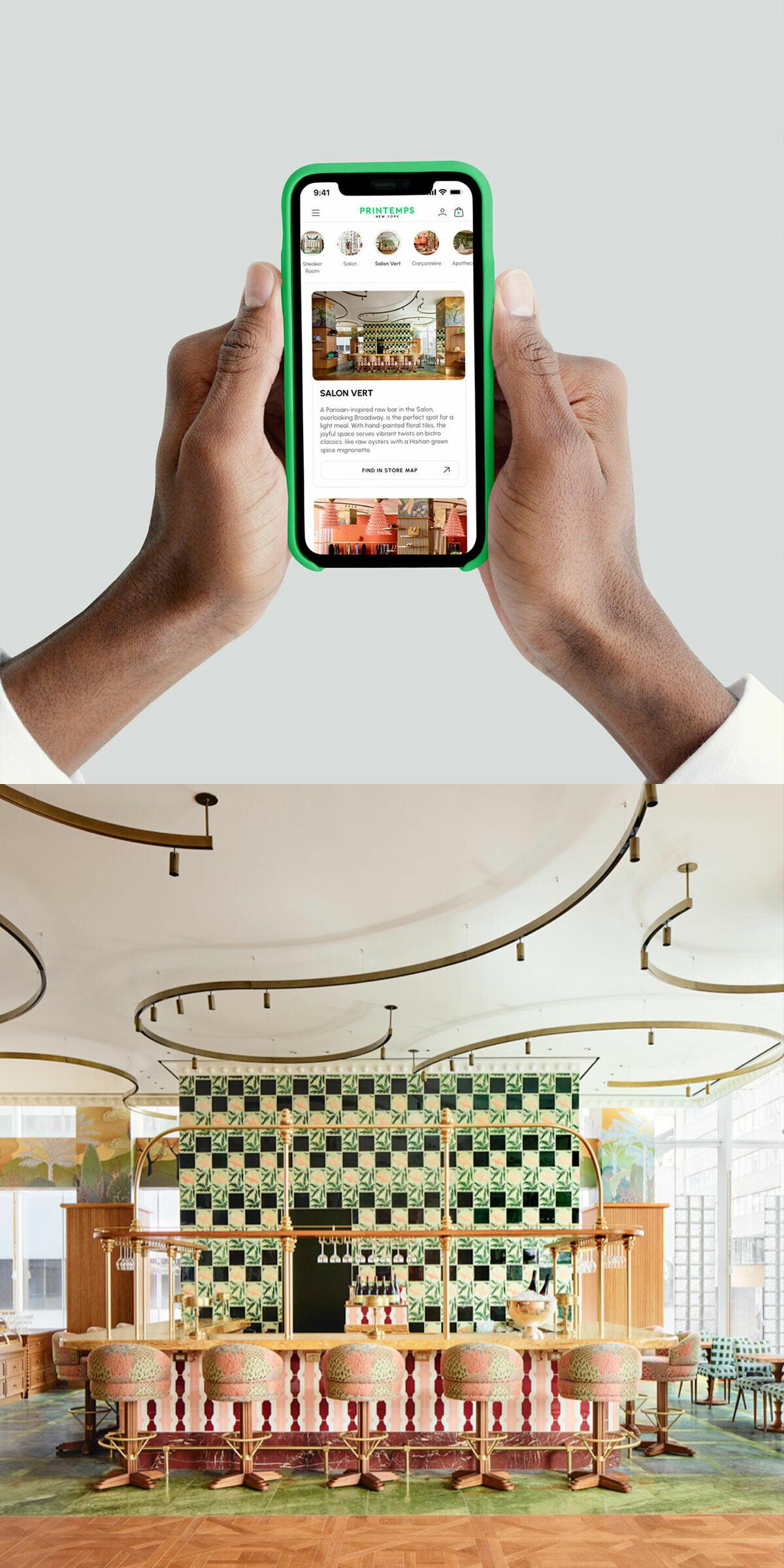Hands holding a phone showing a restaurant app above an elegant bar interior with patterned green tiles