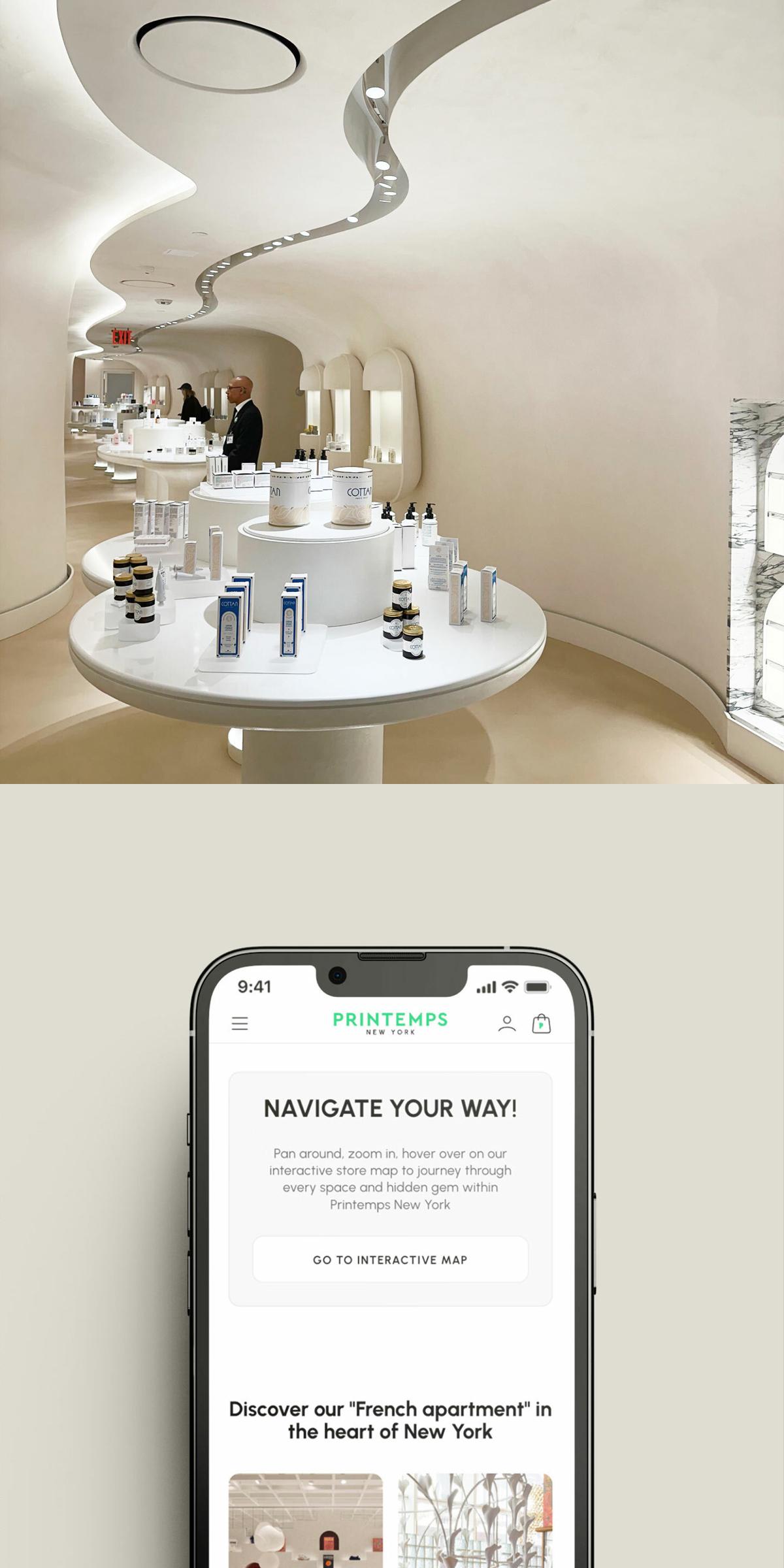 Skincare boutique interior above a smartphone showing the Printemps New York navigation page