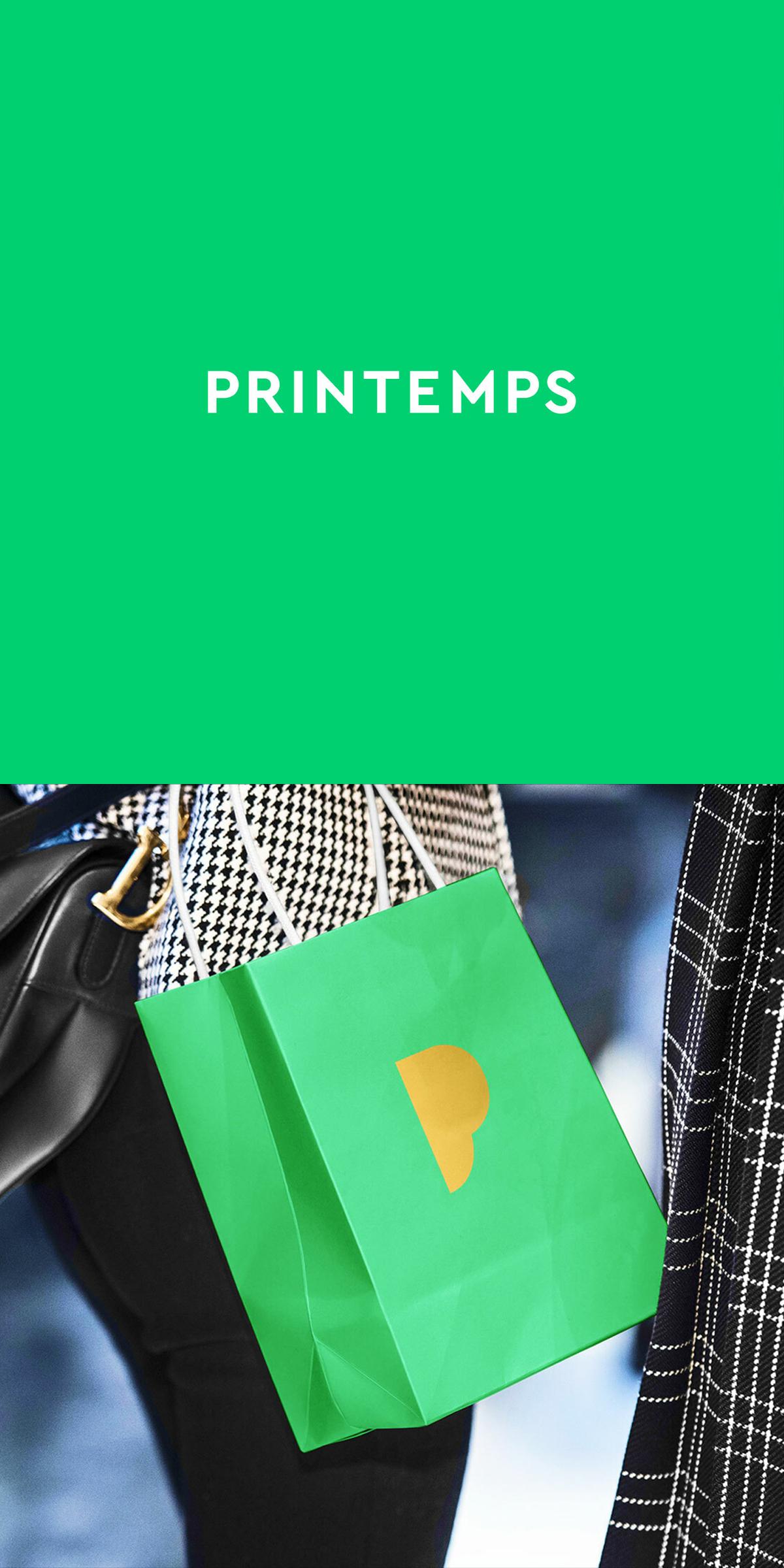 Printemps wordmark above a green shopping bag with a gold P logo
