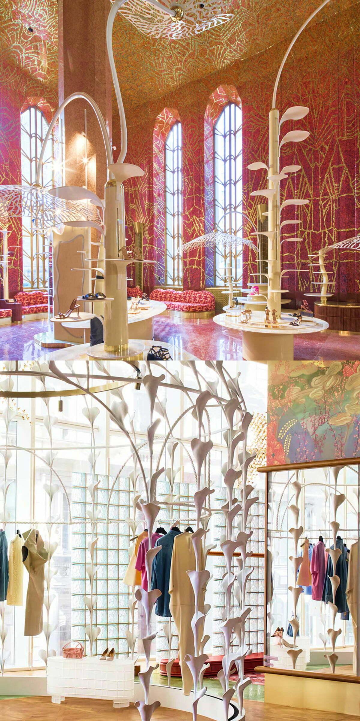 Colorful boutique interiors with red walls, tall windows, and sculptural displays