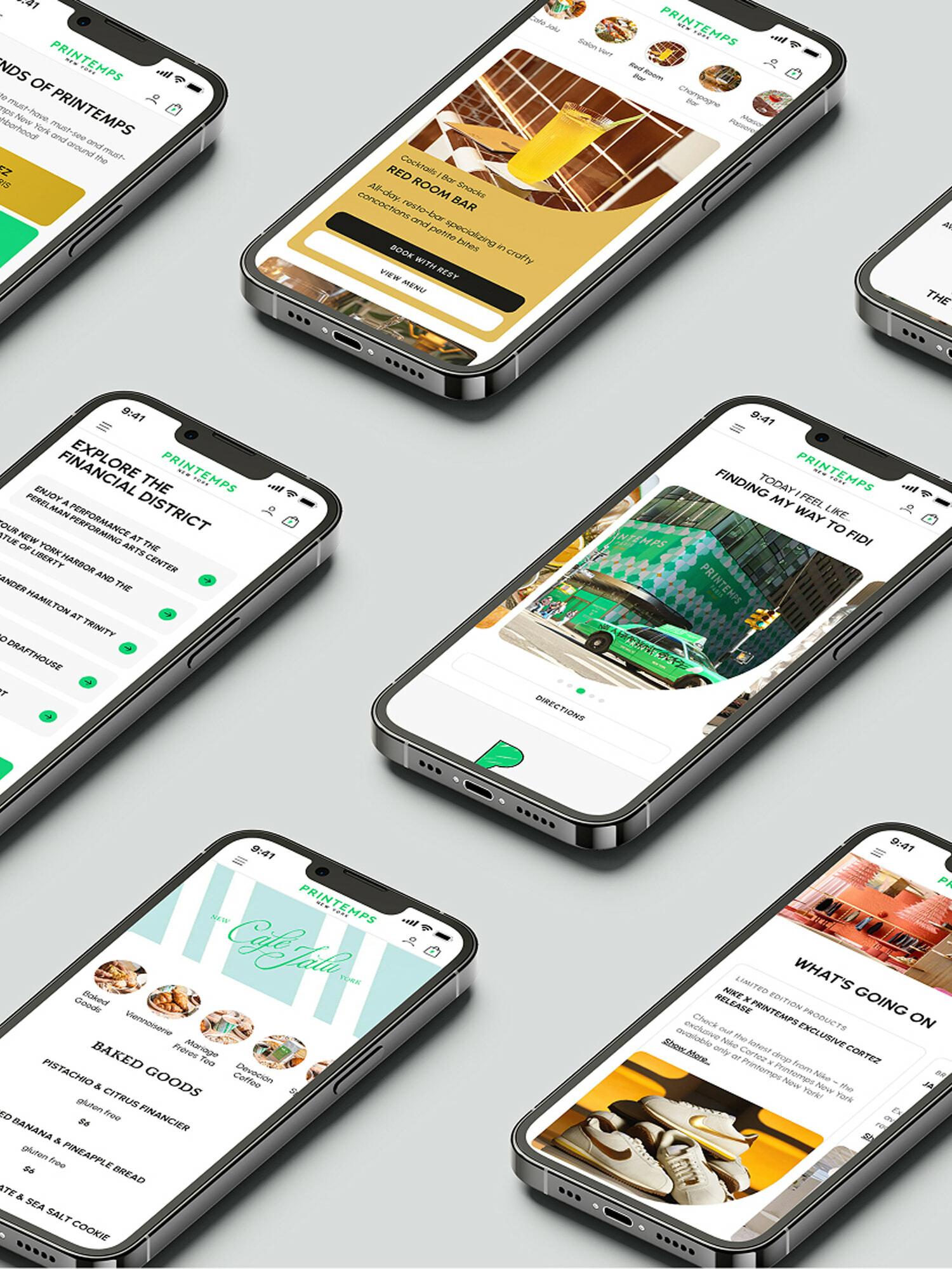 Multiple smartphones showing Printemps mobile website screens