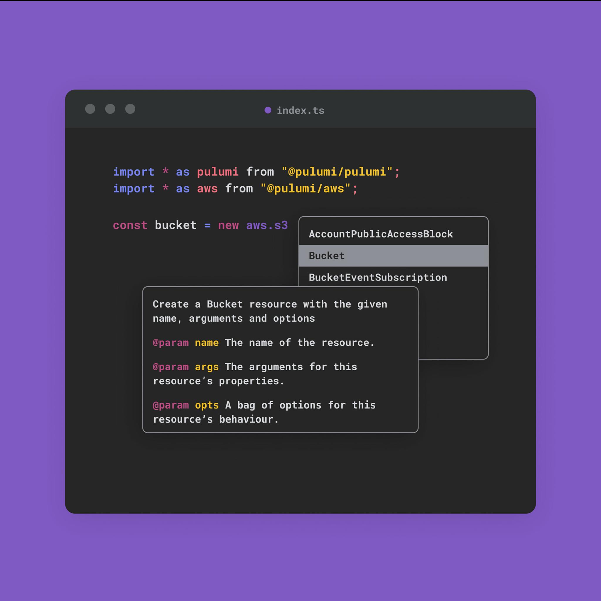 Dark code editor showing Pulumi and AWS TypeScript autocomplete