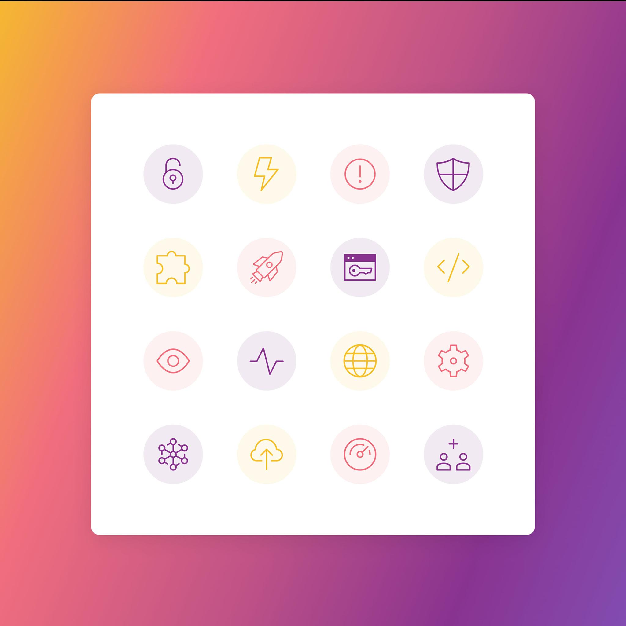 Grid of pastel line icons on a white card over a pink-purple gradient