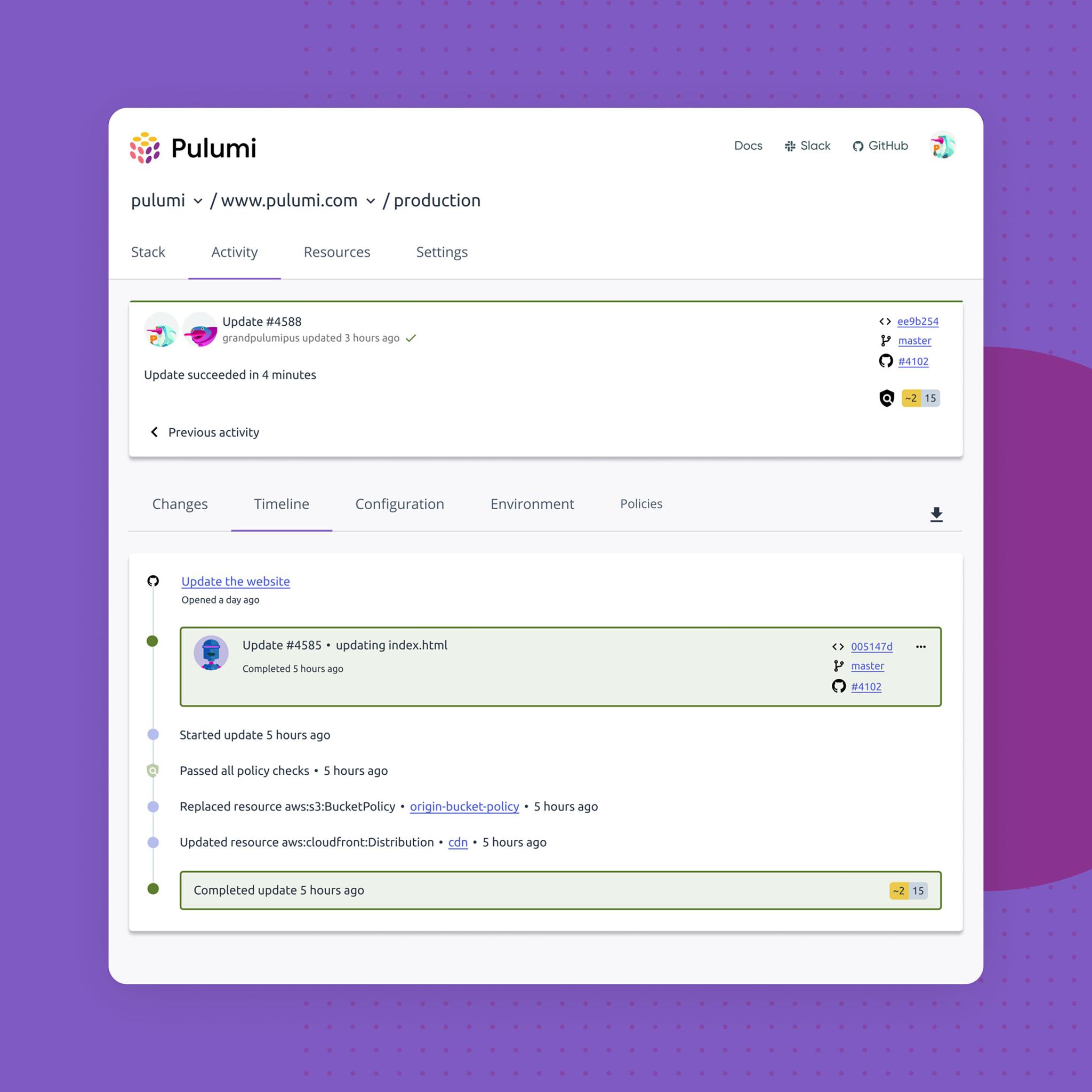 Pulumi dashboard showing a successful production update activity timeline