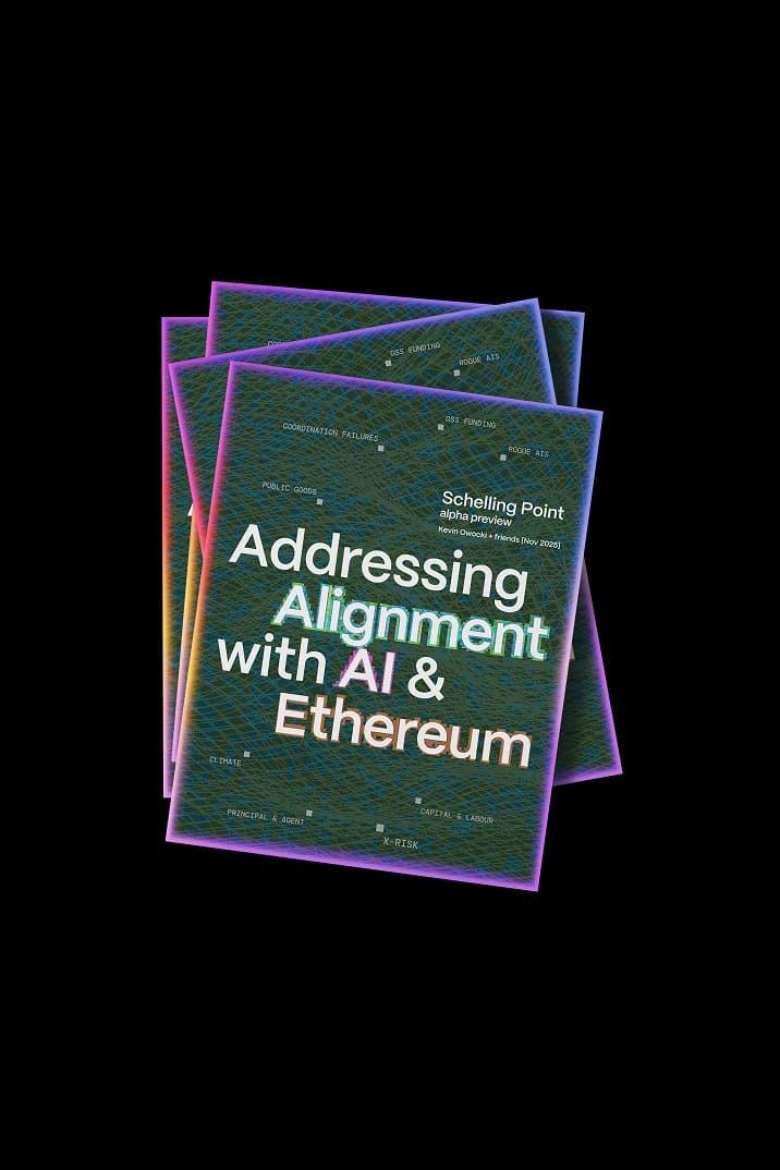 Stack of booklet covers titled "Addressing Alignment with AI & Ethereum"