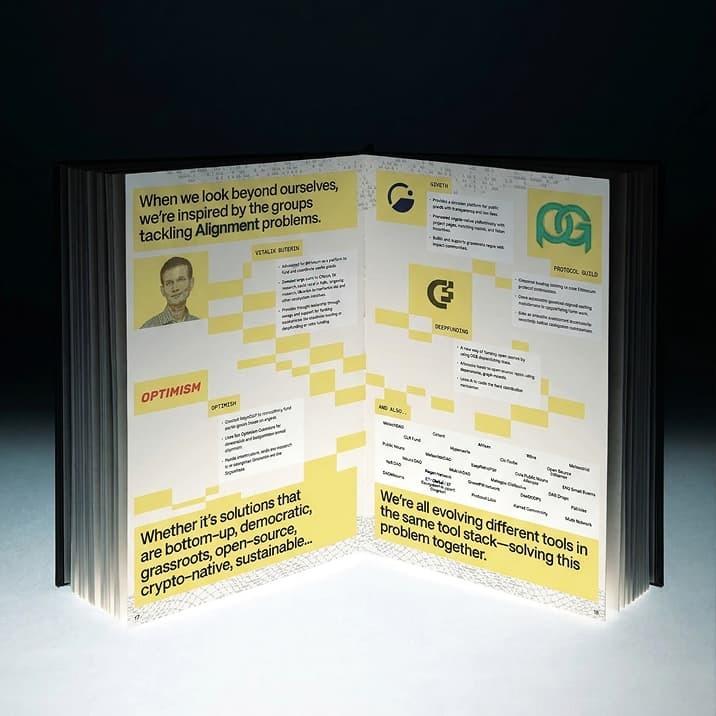 Open booklet spread with yellow graphics and text about alignment problems