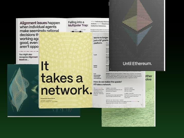 Collage of printed pages about Ethereum, alignment, and networks