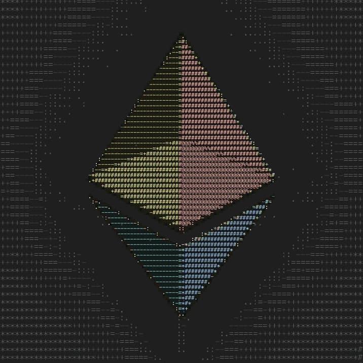 Ethereum logo rendered in ASCII-style characters on a dark code background