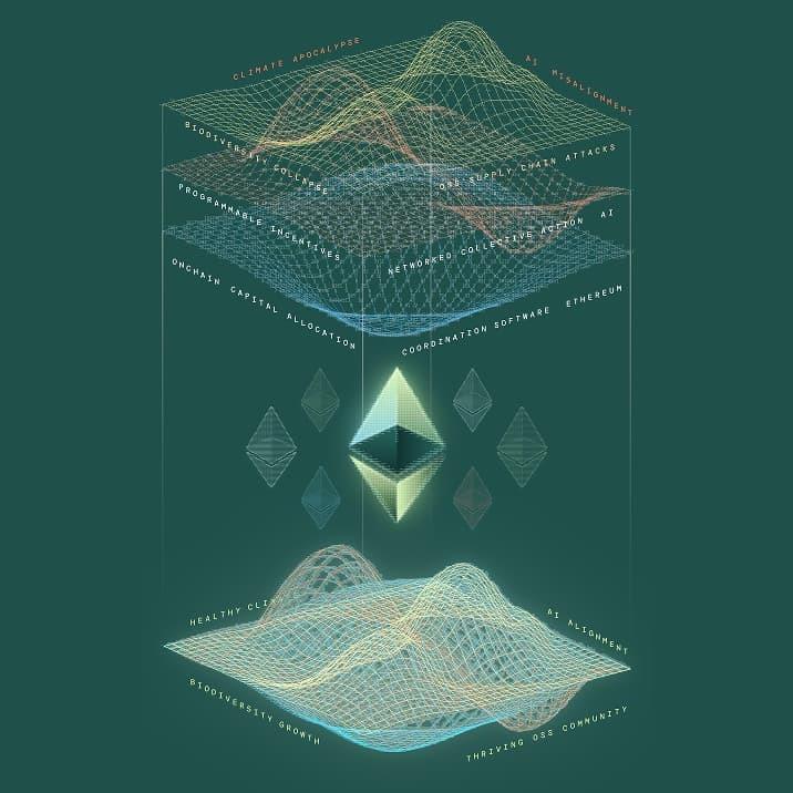Ethereum symbol between two glowing wireframe landscapes with circular labels