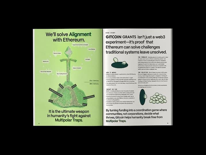 Open book spread about solving alignment with Ethereum and Gitcoin Grants