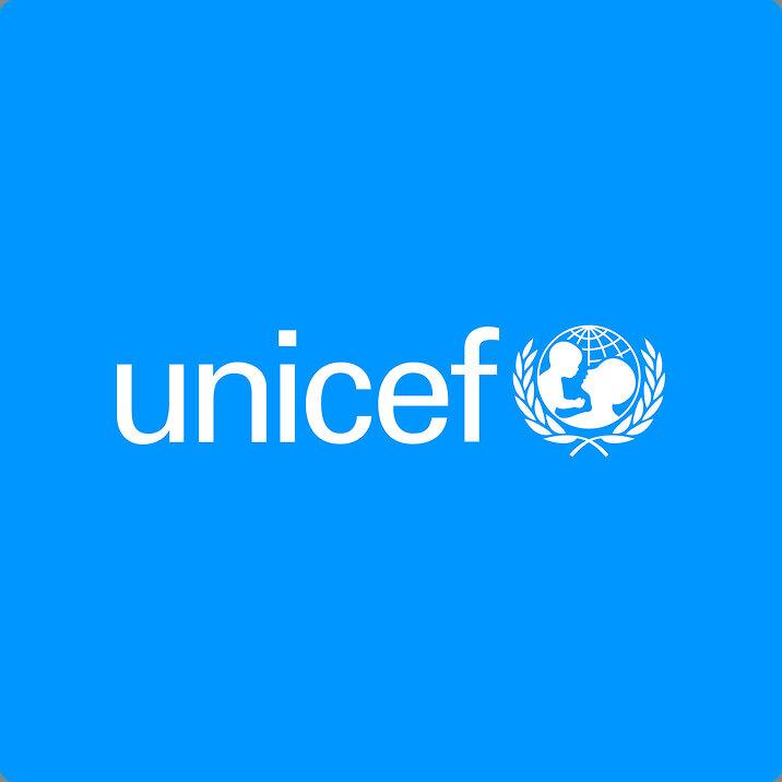 UNICEF logo in white on a blue background.