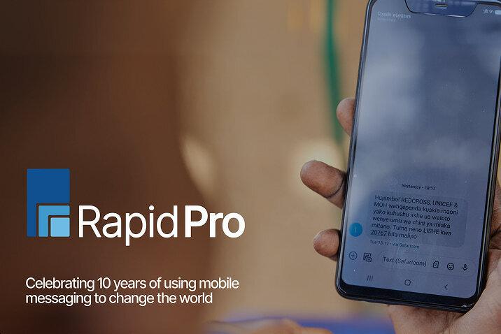 RapidPro anniversary graphic with a phone showing text messages.