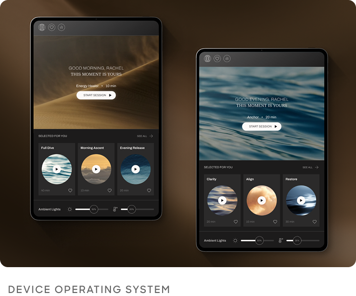 Two device screens showing a dark operating system interface.